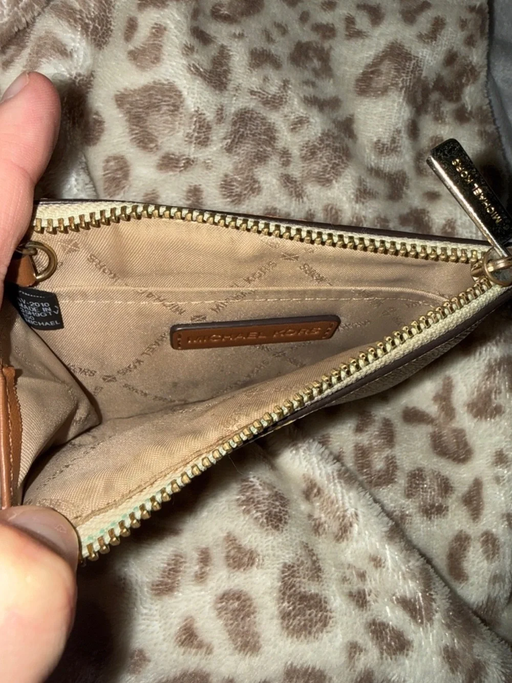 Michael Kors Beige Leather Zip Coin Pouch with Gold Hardware
